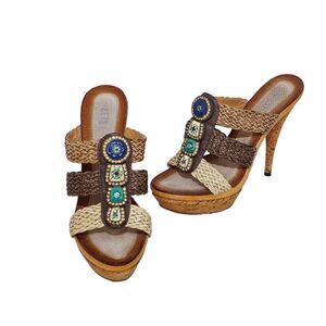 BETSY BOHO Cork Beaded Platform Pumps, Size